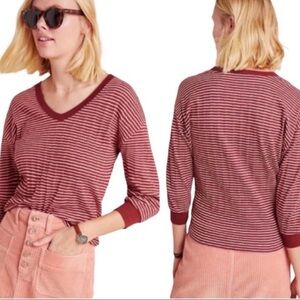 Anthropologie Hannah Striped V-Neck Top in Burgundy and Pink, Size Medium